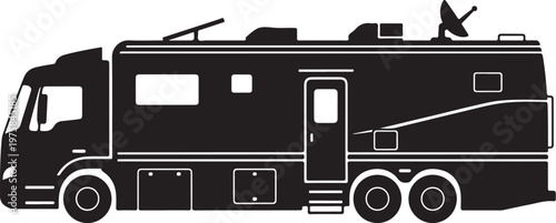 Black motorhome, RV, camper van, recreational vehicle, travel trailer, vector illustration
