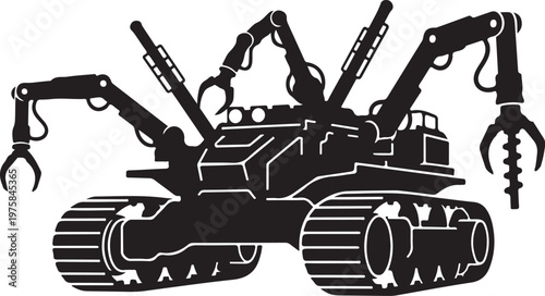 Industrial excavator, heavy machinery, construction equipment, black vector icon