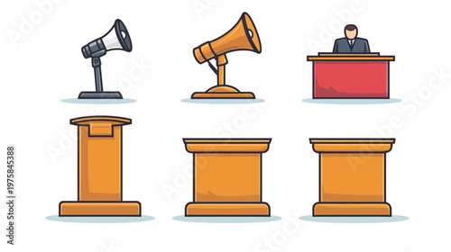 Collection of vector illustrations featuring megaphones, podiums, and a person speaking. Isolated on white background