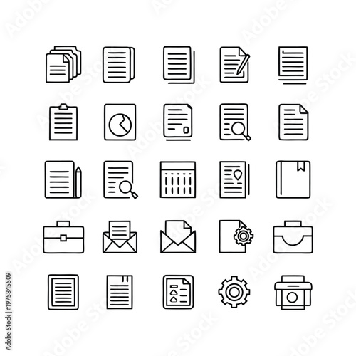 file, contract, invoice, document approval, analytics chart, envelope mail, notebook, certificate, paperwork, checklist and reports icons. Thin line editable stroke vector icon illustrations