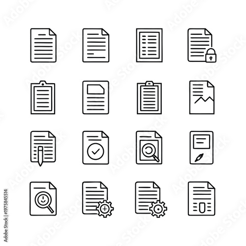 file, contract, invoice, document approval, analytics chart, envelope mail, notebook, certificate, paperwork, checklist and reports icons. Thin line editable stroke vector icon illustrations