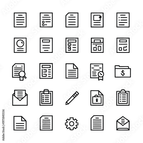 file, contract, invoice, document approval, analytics chart, envelope mail, notebook, certificate, paperwork, checklist and reports icons. Thin line editable stroke vector icon illustrations