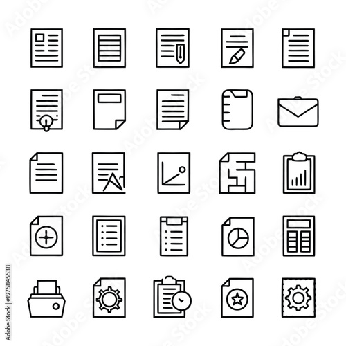 file, contract, invoice, document approval, analytics chart, envelope mail, notebook, certificate, paperwork, checklist and reports icons. Thin line editable stroke vector icon illustrations