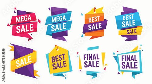 Set of colorful sale banners, discount tags, and promotional labels