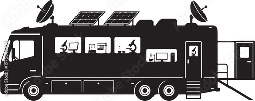 Mobile office, satellite truck, remote workstation, vector illustration