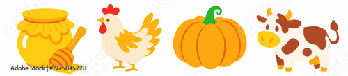 Flat autumn farm clipart featuring honey pot, hen, pumpkin, cow, and scattered leaves. Cheerful isolated elements on transparent background for harvest season projects.