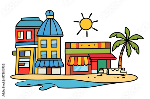 Colorful waterfront building with cafe awnings, bright sun and palm tree beside the shore. Coastal tourism, leisure and summer resort concept on transparent background.