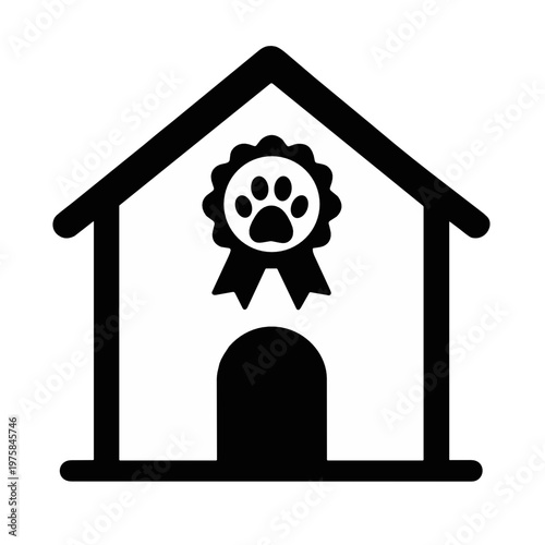 Black dog house icon with paw badge ribbon above the doorway, isolated on a white background. Strong vector symbol for premium pet care, kennel service, grooming salon or dog award branding.