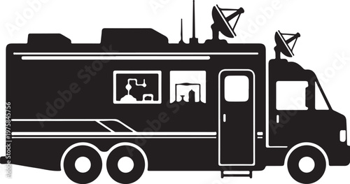 Black, vector RV, motorhome, camper, travel trailer, recreational vehicle, icon