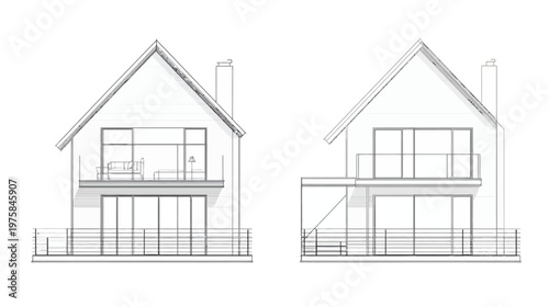 Black and white architectural illustration of two house designs, with balconies and chimney