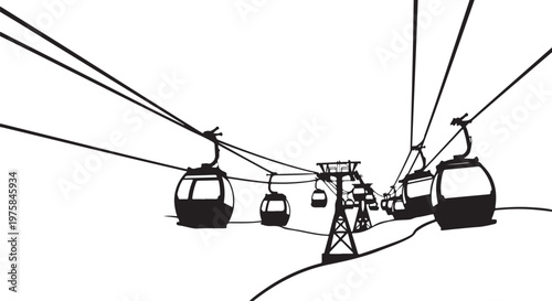 Cable car, gondola lift, ski lift, aerial tramway, vector illustration, black and white