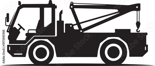 Tow truck, crane vehicle, heavy duty, silhouette icon, black and white