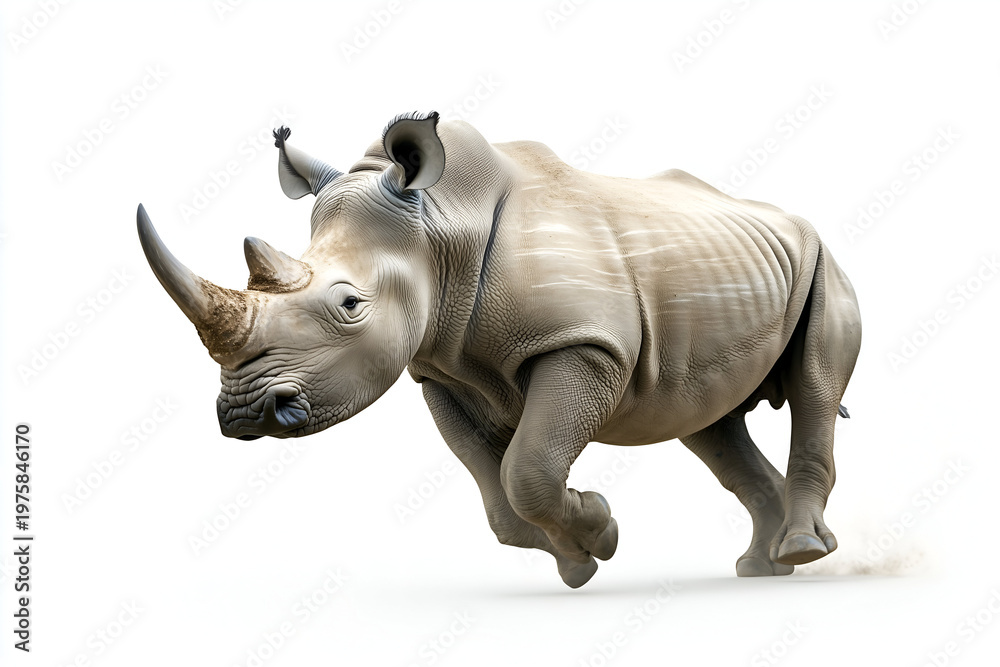 Fototapeta premium Rhinoceros running in profile isolated on a white background