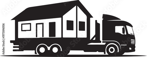 Black house on wheels, tiny home, mobile home, truck silhouette, vector illustration