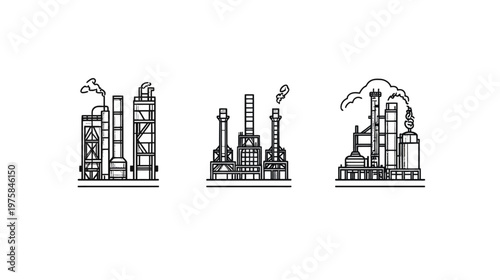 A monochrome illustration of three industrial complexes with smoke plumes, drawn in a simplistic style