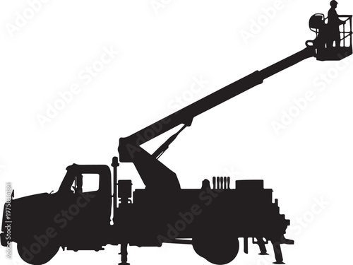 Black silhouette of cherry picker truck, aerial lift vehicle, construction equipment, industrial machinery