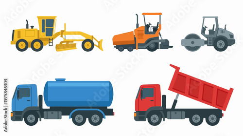 Heavy construction equipment set. Grader, paver, roller, tanker, dump truck. Vector icons.