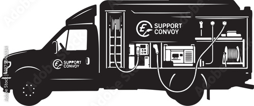 Support Convoy Truck, Emergency Response Vehicle, Roadside Assistance Illustration, Black and White Icon