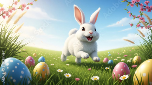 white bunny joyfully hops through a vibrant spring meadow filled with colorful eggs and flowers, showcasing playful movement and cheerful ambiance. High quality photo