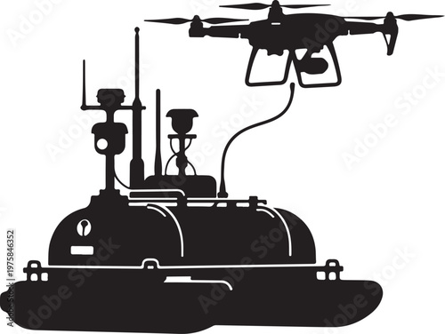 Black silhouette drone, unmanned aerial vehicle, submarine, underwater exploration, vector icon