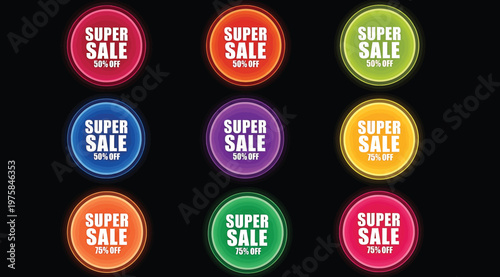 Set of glowing neon circular super sale badges with discount percentages