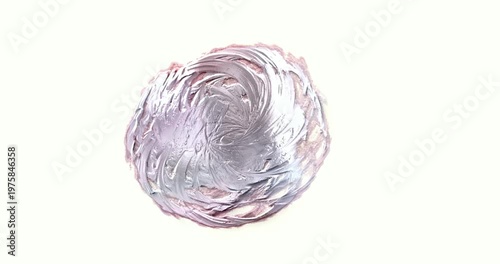 Animated metallic silver and blue paint stroke on white background, 3D textured liquid chrome smear process, isolated artistic motion design element
