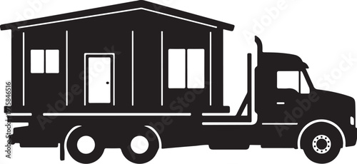 Black silhouette truck transporting house, moving home vector icon, flat design, residential relocation