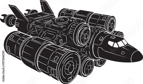 Black and white spaceship, futuristic aircraft, vector illustration, sci-fi vehicle, spacecraft design