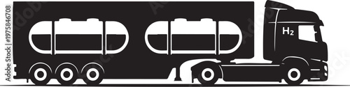 Hydrogen fuel truck, tanker vehicle, H2 transport, black silhouette