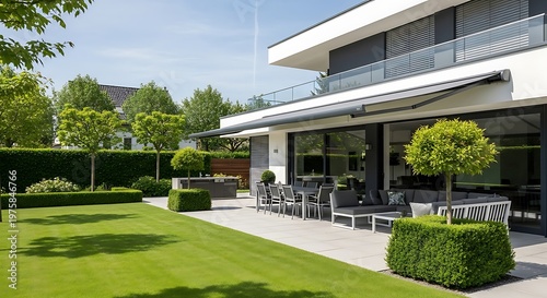 Modern luxury house exterior with spacious patio and lush green lawn garden for elegant outdoor living lifestyle