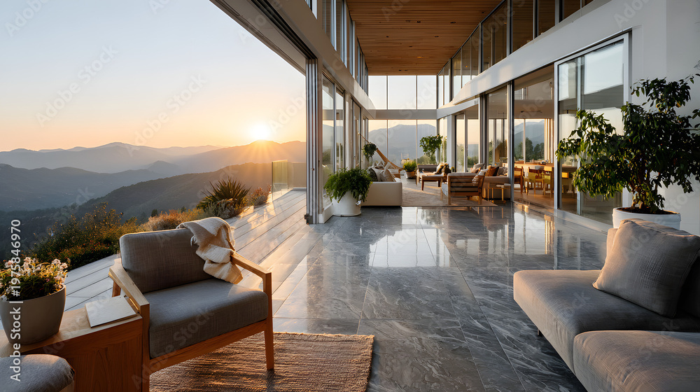 Fototapeta premium High-end contemporary living space with large windows showing mountains and sunset at dusk