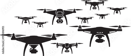 Drone, drones, black silhouettes, vector icons, aircraft, quadcopters, robotics