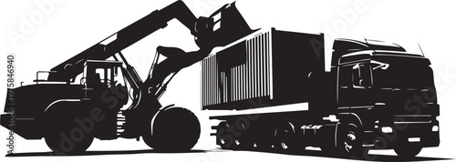 Industrial silhouette, heavy machinery, forklift loading container, truck transportation, black vector icons