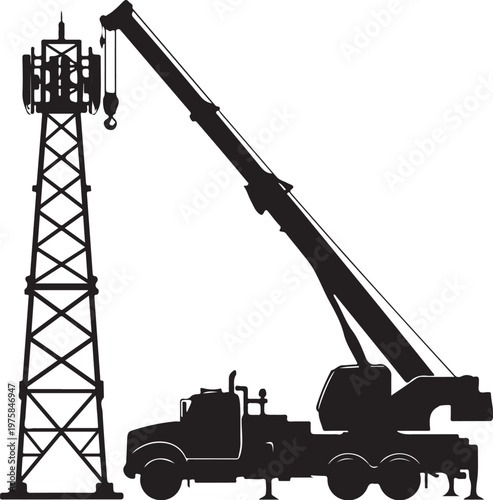 Cell tower construction, telecommunications crane, black silhouette, industrial equipment, vector icon