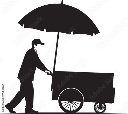 Black silhouette man pushing cart with umbrella, vector illustration, food vendor, street seller