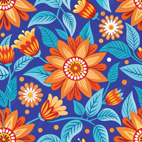 Colorful floral pattern with stylized blossoms and vivid teal leaves