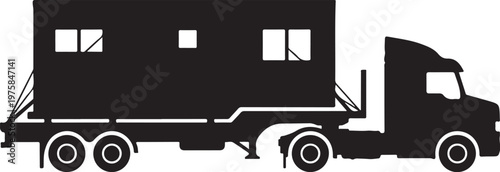 Black silhouette truck, cargo trailer, industrial vehicle, transportation icon