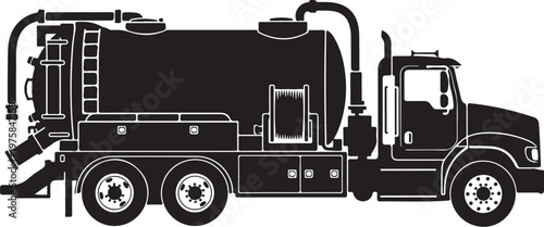Black, vector, industrial, vacuum truck, tanker, silhouette, illustration, equipment