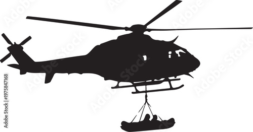 Black helicopter silhouette, rescue operation, people in stretcher, medical evacuation, vector icon