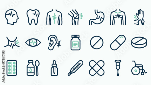 Healthcare and Symptom Relief Line Icon Collection for Medical Use