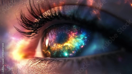 Cosmic view captured in an eye showcasing swirling galaxies and vibrant colors at the edge of the universe