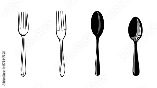 Stylized, monochromatic illustration of silverware two forks and two spoons, arranged in a row