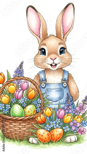 Cute cartoon rabbit wearing blue overalls smiles while holding a butterfly near a basket filled with colorful eggs and flowers in a vibrant spring garden setting. High quality photo