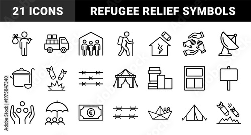 Refugee and humanitarian aid outline icon set for social issues
