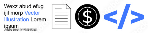Digital economy, technology, financial transactions, coding, online marketplaces, content creation. Icons include a document, dollar sign coding brackets. Digital economy and technology concepts
