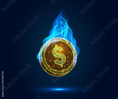 Money, the dollar is on fire. A blue fire is burning, which has engulfed the coin in flames. Futuristic vector illustration.