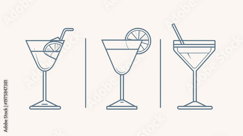 Three minimalist cocktail illustrations with line art, each depicting a different drink type