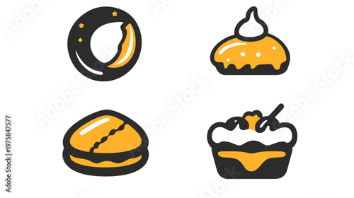 Four isolated food item icons. Each food item is brightly colored with an outlined black border