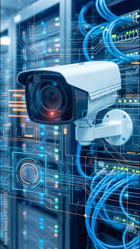 Security camera with blue LED light rotates within a digital interface displaying data patterns and glowing elements, emphasizing cyber security technology and surveillance systems. High quality photo