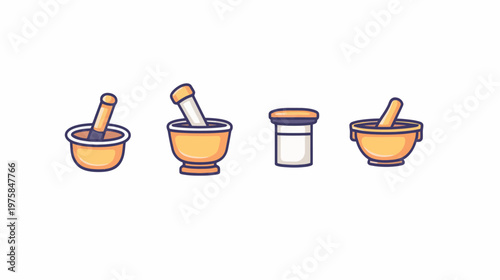 A collection of four illustrated icons featuring pharmacy equipment in a simple cartoon style